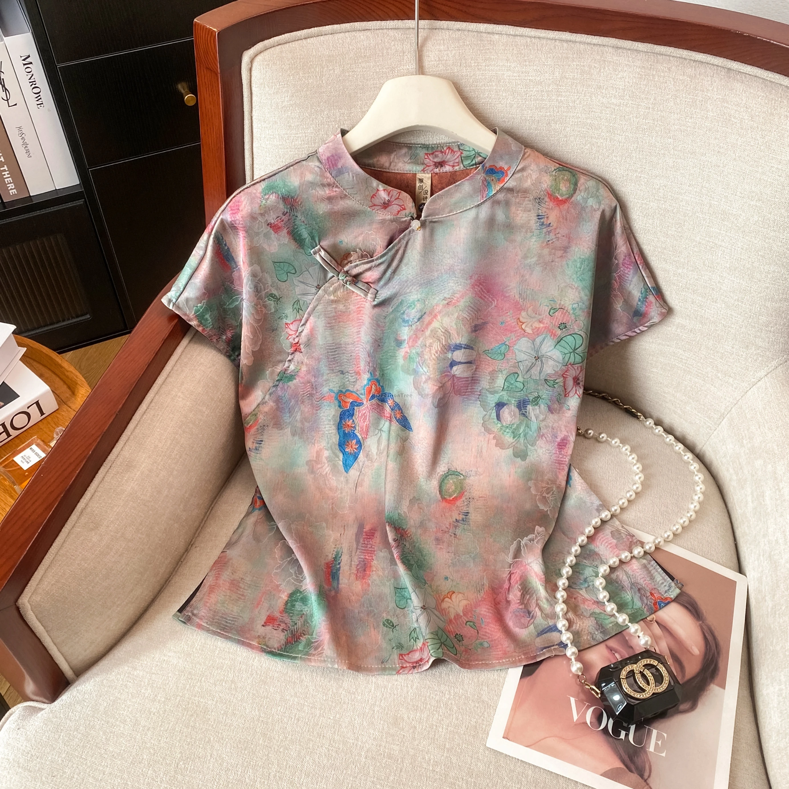 

Лето 2021, улучшенная рубашка Cheongsam в китайском стиле с принтом в стиле ретро, женская блузка Ципао с короткими рукавами и воротником-стойкой t001