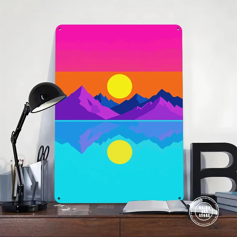 Retro Sunset Over Mountains and Lake Printed Poster Customized Wall Art Retro Vintage Metal Tin Signs for Gamer Room Decoration