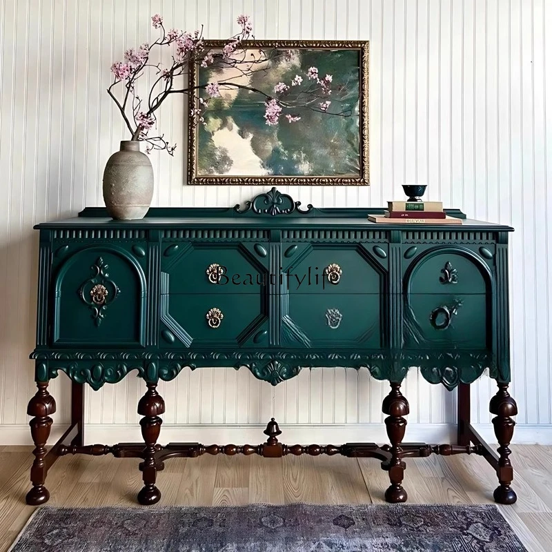 

French solid wood carving flower dining side cabinet European luxury living room American retro entrance cabinet