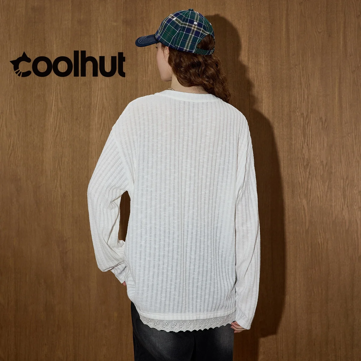 COOLHUT Markowa Bluzka Damska 2025 w Stylu American Vintage, Sznurowana, Dzianinowa, Boho, Luźny Krój, Ażurowa, Codzienna Bluzka Jesienna z Kontrastowym Wykończeniem