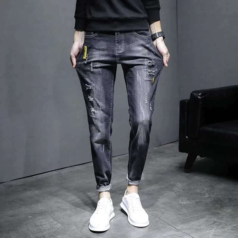 Autumn Winter High Quality Jeans hombre Korean-Style Fashion Stretch Slim Skinny Pants Mens Casual Ripped Pants black Trousers