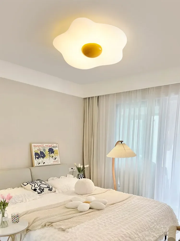 Modern White Flower Children's Room Ceiling Light Nordic Creativity Floral Bedroom Ceiling Lamp Mid Century Cream Wind Poached E