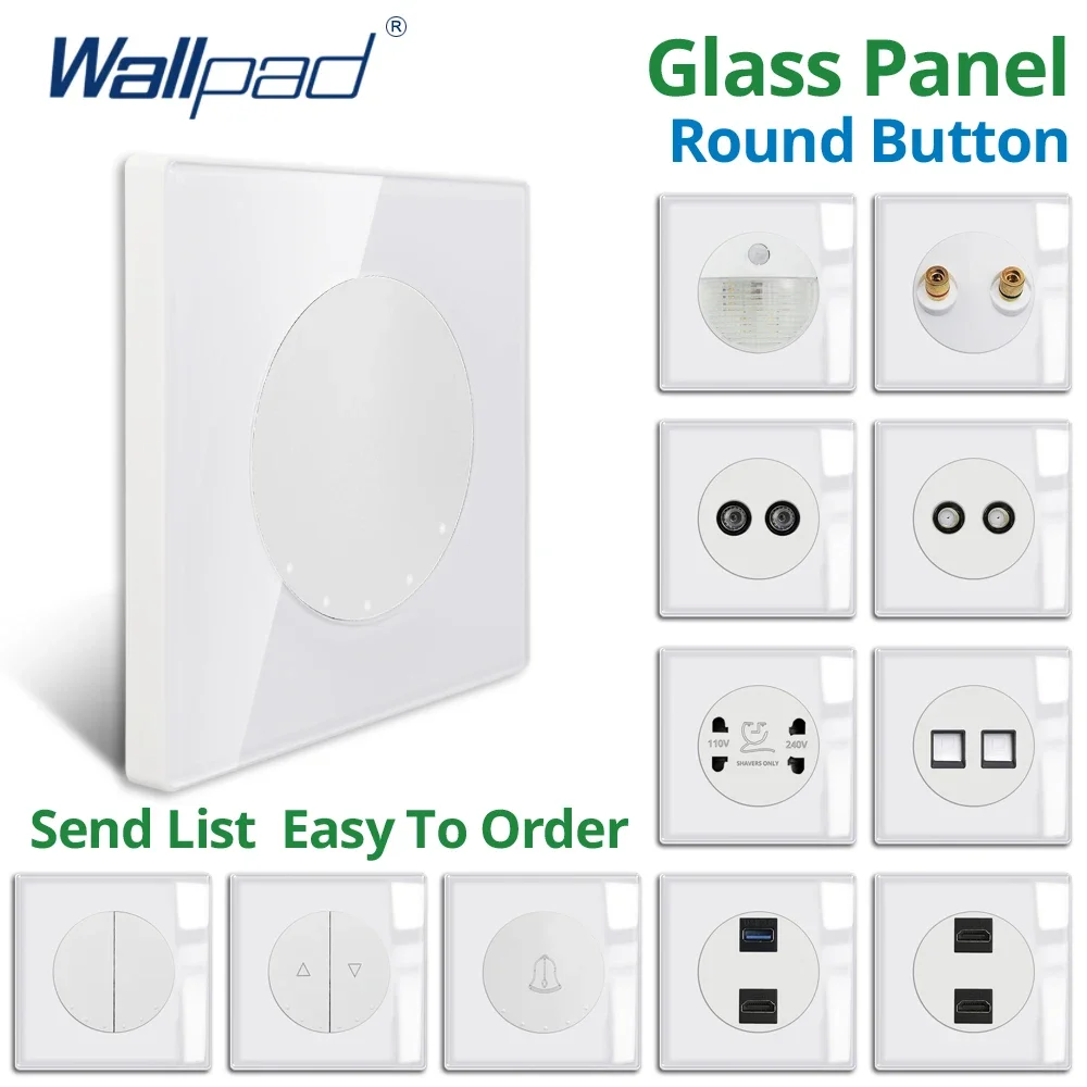 Wallpad Wall Switch and Socket White Reset 3 Way Round Corner Glass Panel USB EU UK Electric Outlet TV TEL RJ45 Sat HDMI