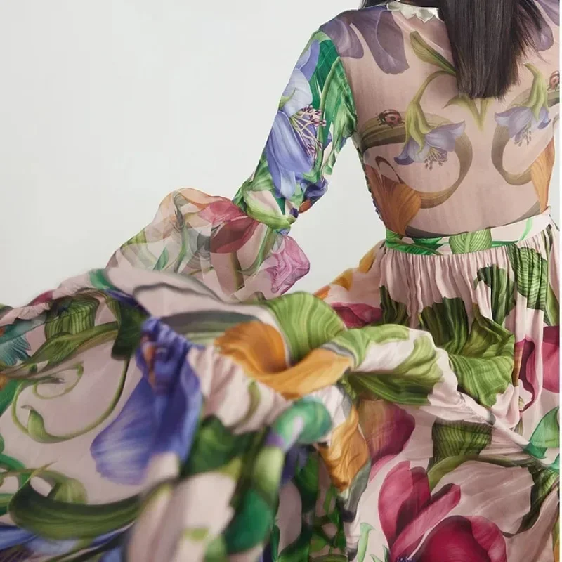 Traje de baño para mujer, cuello en V, manga larga, estampado de flores, traje de baño de una pieza y falda, ropa de playa, traje de baño, bikini de dos piezas