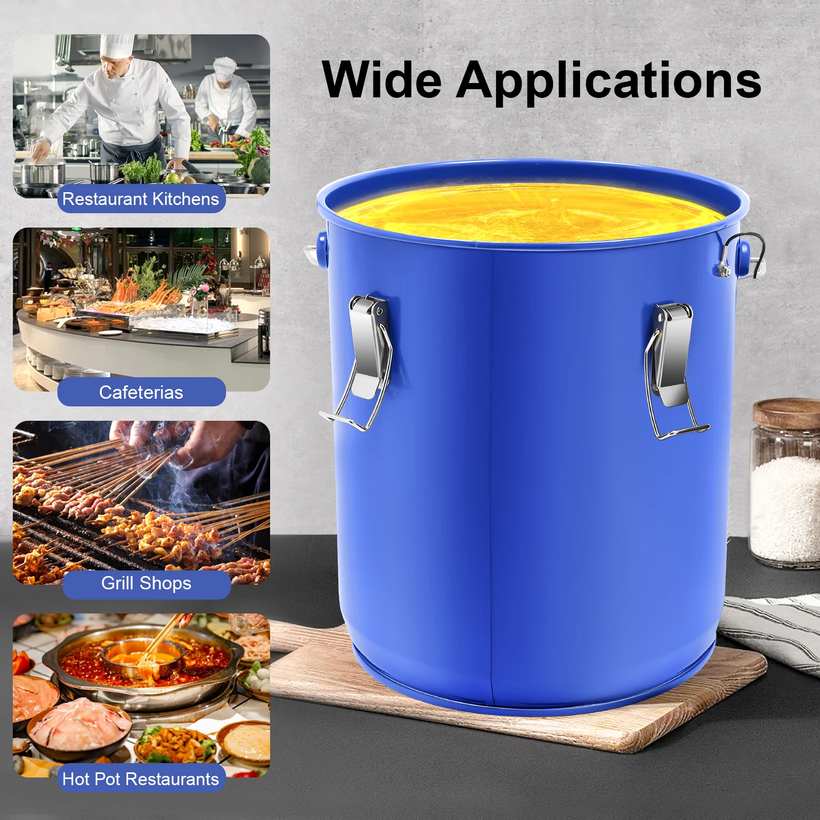 Round Blue 6-gallon Steel Fryer Oil Bucket Fryer Grease Bucket Oil Transport Container