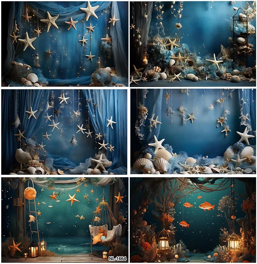 

Ocean Theme Backdrops Photography Cake Smash Starfish Shells Under The Sea Birthday Studio Banner Night Curtain Background Props