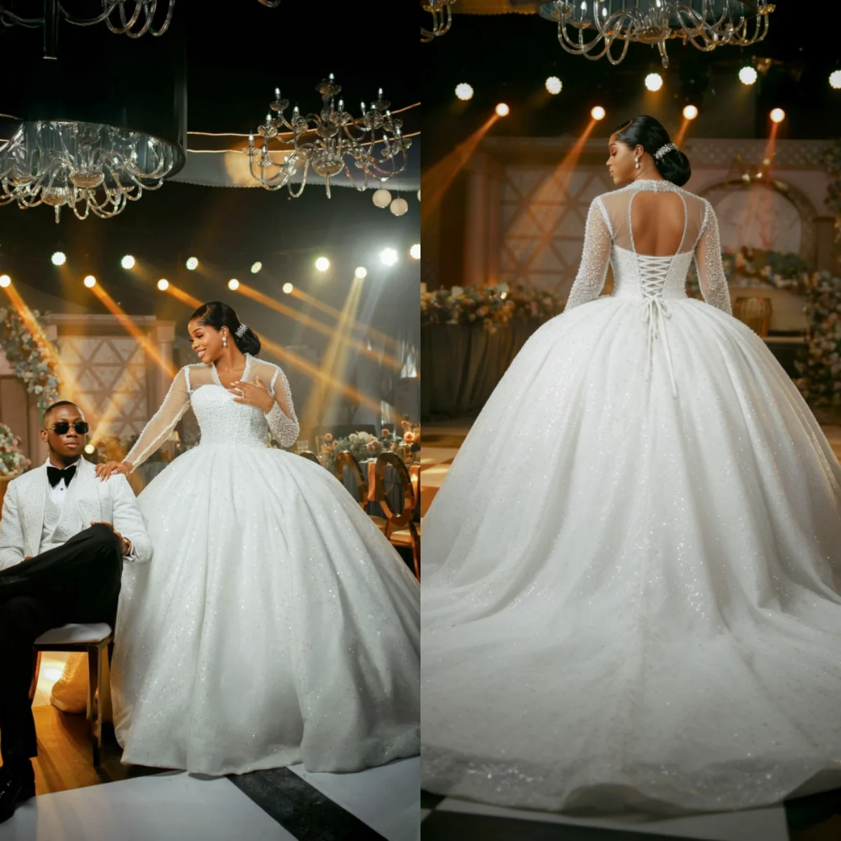 

Customized 2026 African Style Wedding Dress Long Sleeved V-Neck Shiny Satin Pearl Decoration Backless Lace Up Puffy Skirt