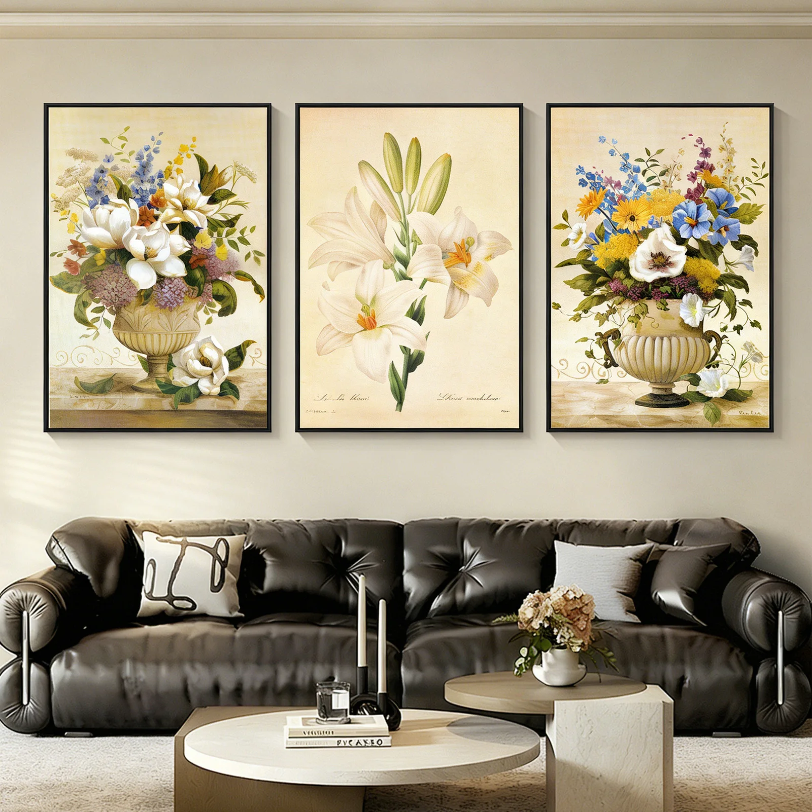 Classic Vintage Floral Framed Wall Art 3 Panel Elegant Lily Vase Botanical Prints Home Decor