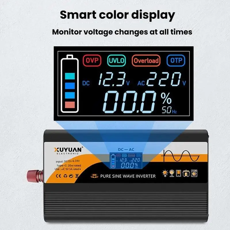 12V / 24V To 220V Pure Sine Wave Inverter Universal Car Power Converter, Spec: 3000W Black