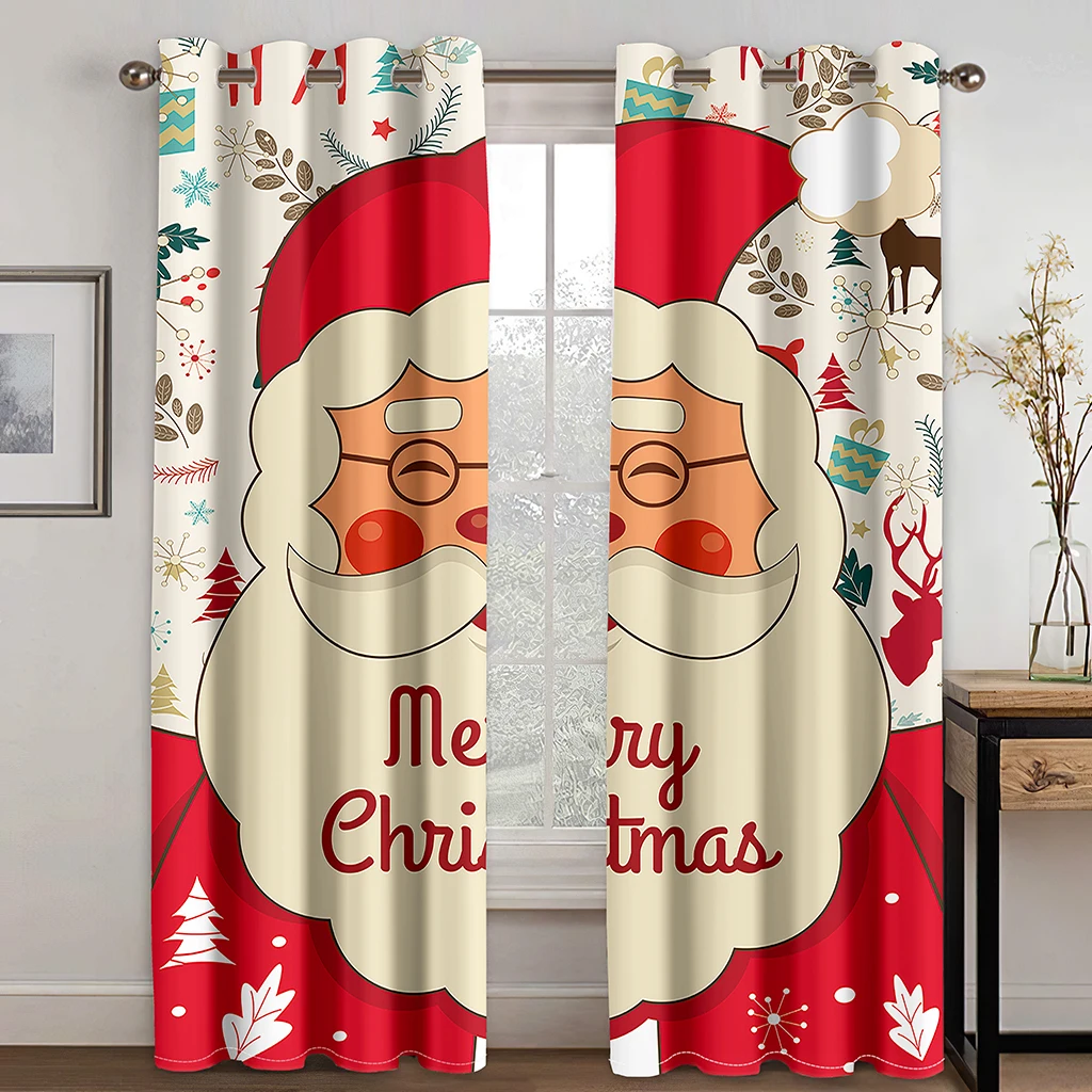 Cartoon Large Image Santa Claus Kawaii Curtain Decoration Christmas Festive Atmosphere Curtain Elk Christmas Tree Pattern