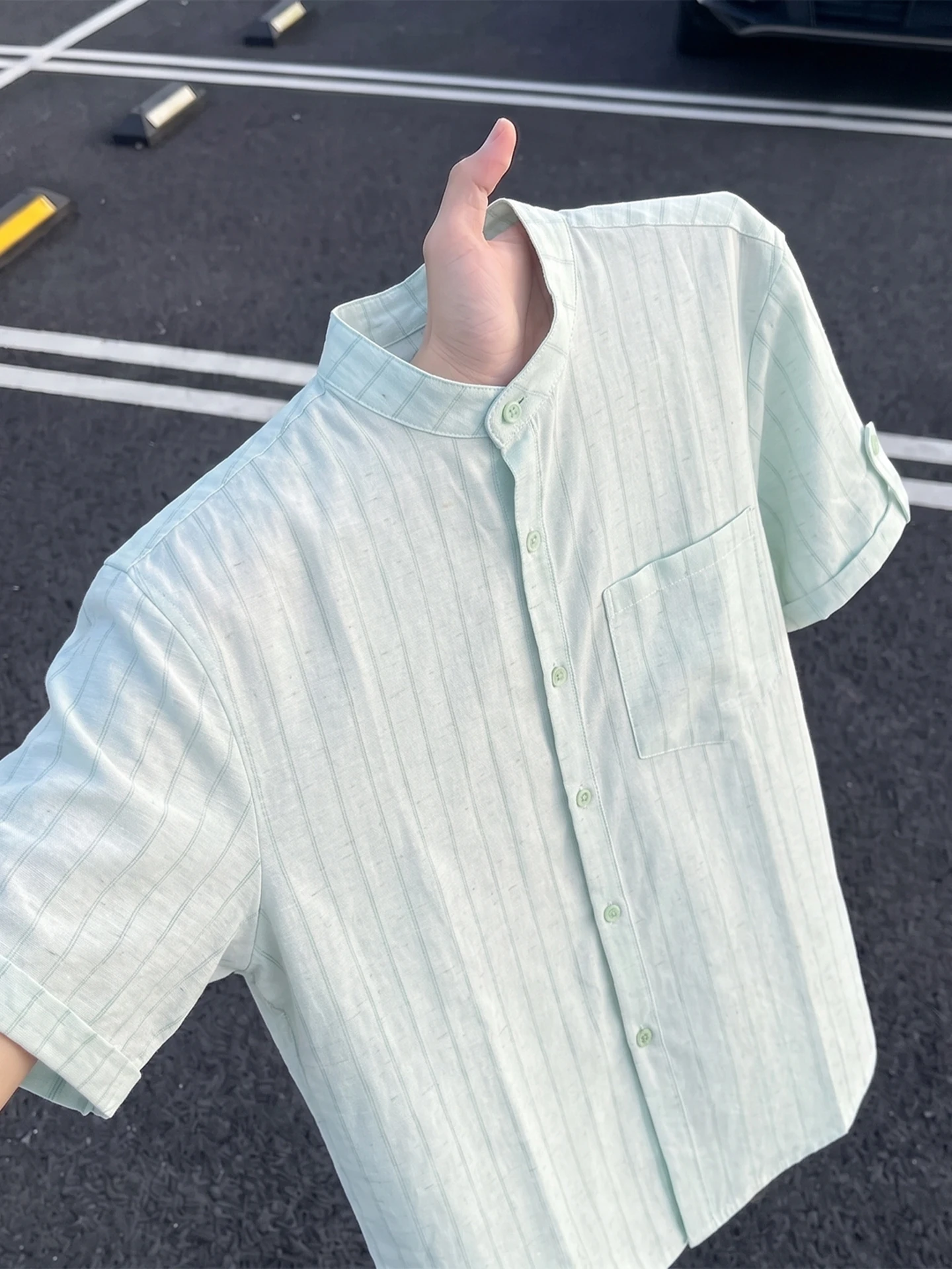 Lightweight Breathable Casual Men's Short Sleeve Shirt Summer Ice Sensation Texture Stripe Stand Collar Half Sleeve Shirt