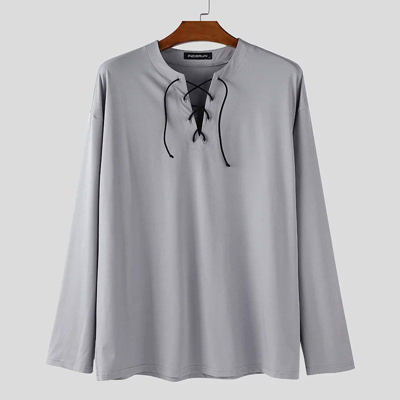 

INCERUN Мужская рубашка Сплошной цвет с v-образным вырезом и длинным рукавом на шнуровке Мужская одежда Уличная одежда Свободные корейские модные повседневные мужские рубашки 2025 года