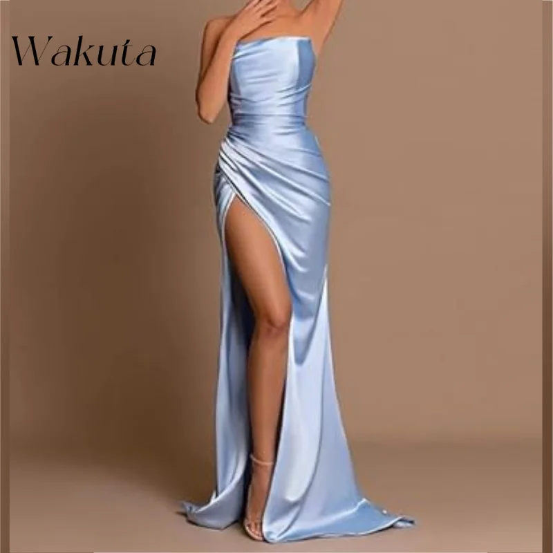 Wakuta Sexy Strapless Backless Mermaid Party Gowns Temperament Slim Pleated Satin Bridesmaid Dresses Prom Robe De Soirée Orange