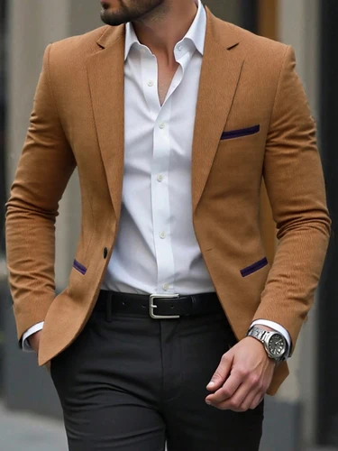 Imagen 1 del producto Blazer de pana para hombre, chaqueta de bloque de color con bolsillo, ropa de negocios de espesor moderado, diseño ajustado para primavera y otoño