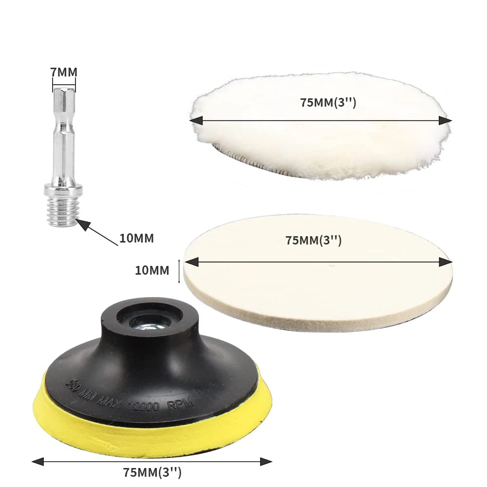 3 Inch 8 Pcs Hook & Loop Wool Buffing Pads Kit with Backing Pad M10 Adapter Felt Buffing Wheel Car Buffer Drill Attachment