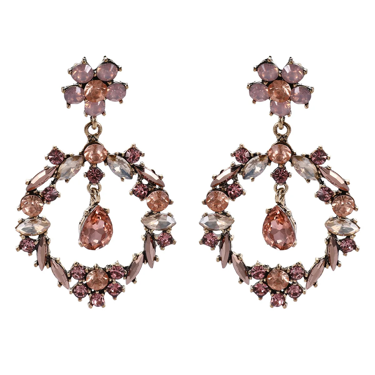 Supply Fashion temperament Rhinestone geometric earrings Female elegant catwalk flower hollow earrings earrings jewelry