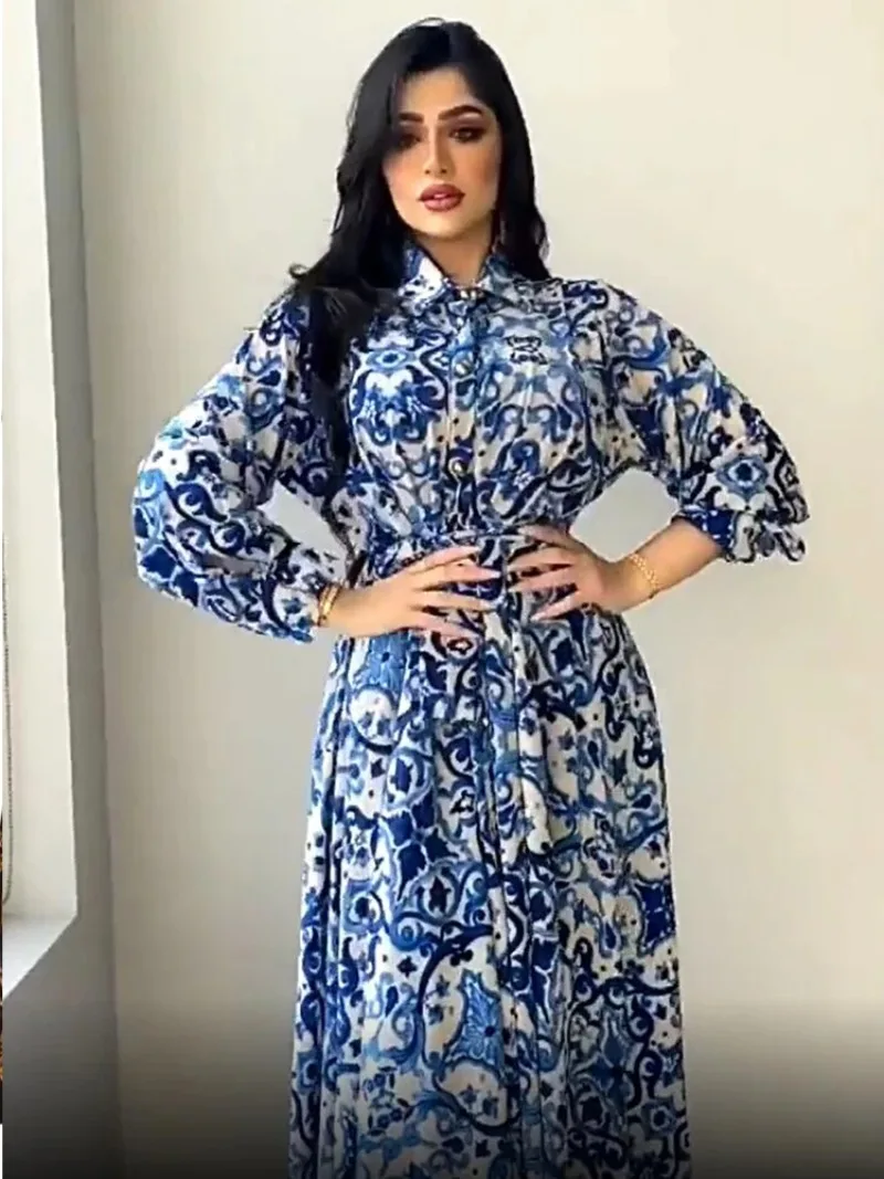 Gaun Abaya Idul Fitri Gaun Hijab Biru Gambar Cetak Wanita Muslim Dubai Pakaian Islami Turki Kaftan Marocain Vestido Musulmane
