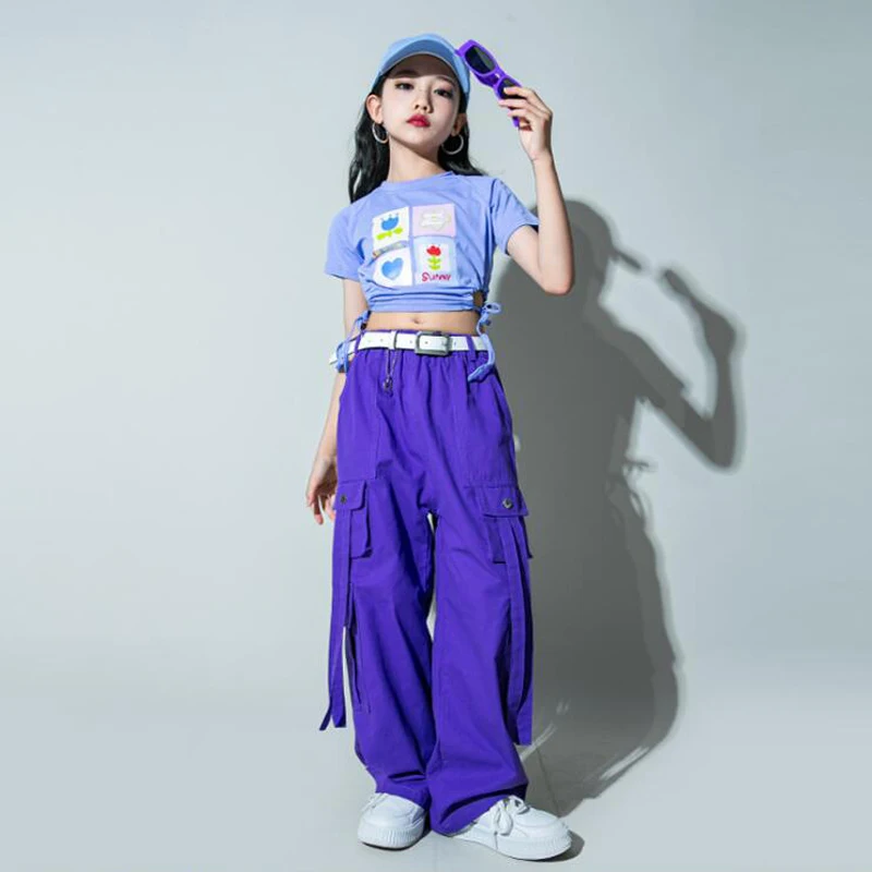 Girls Streetwear Jazz Clothing Crop Tank Tops Vshirt Purple Hip Hop Joggers Pants for Teenage Show Dance Costume Kids Clothes