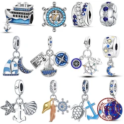 Colgante de plata de ley 925 con ancla de timón, abalorio espaciador de crucero azul, compatible con pulseras originales de Pandora, fabricación de joyas DIY