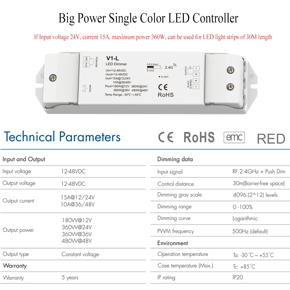 High Power LED Controller 1CH 360W DC 12V 24V 36V 48V Dimmer V1-L With Push Swich Dimming Funtion 2.4G Remote Control Fade Mode