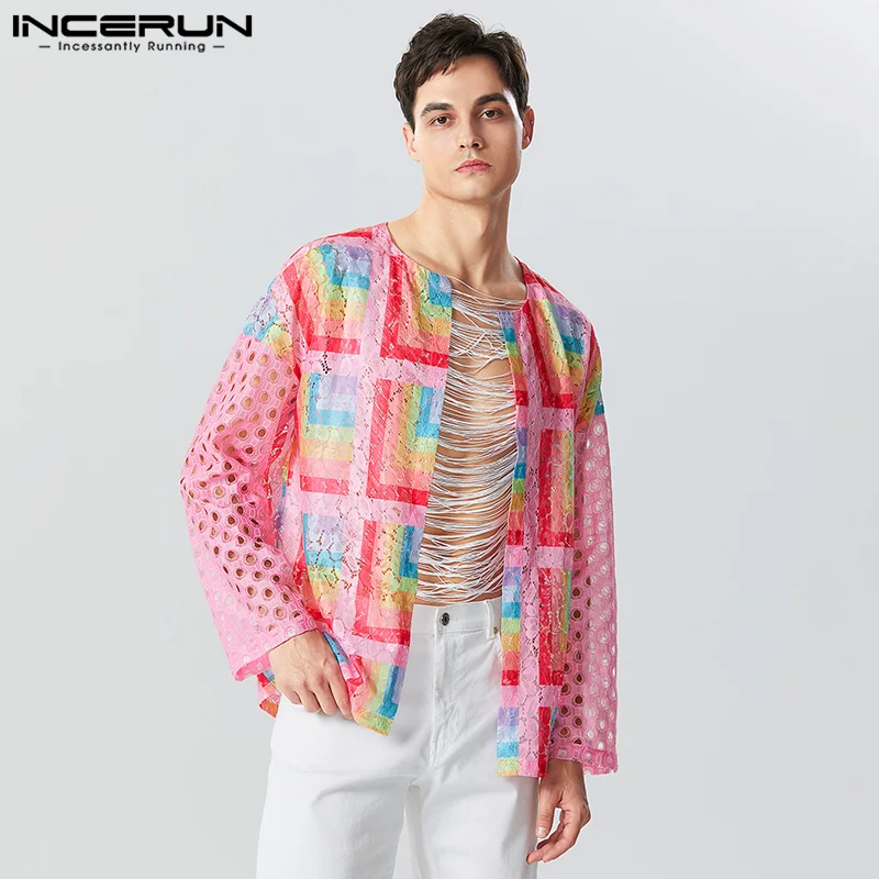 

Casual Fashion Style Tops INCERUN Men's Tracery Patchwork See-through Mesh Shirts Male Long Sleeved Collarless Blouse S-5XL 2023