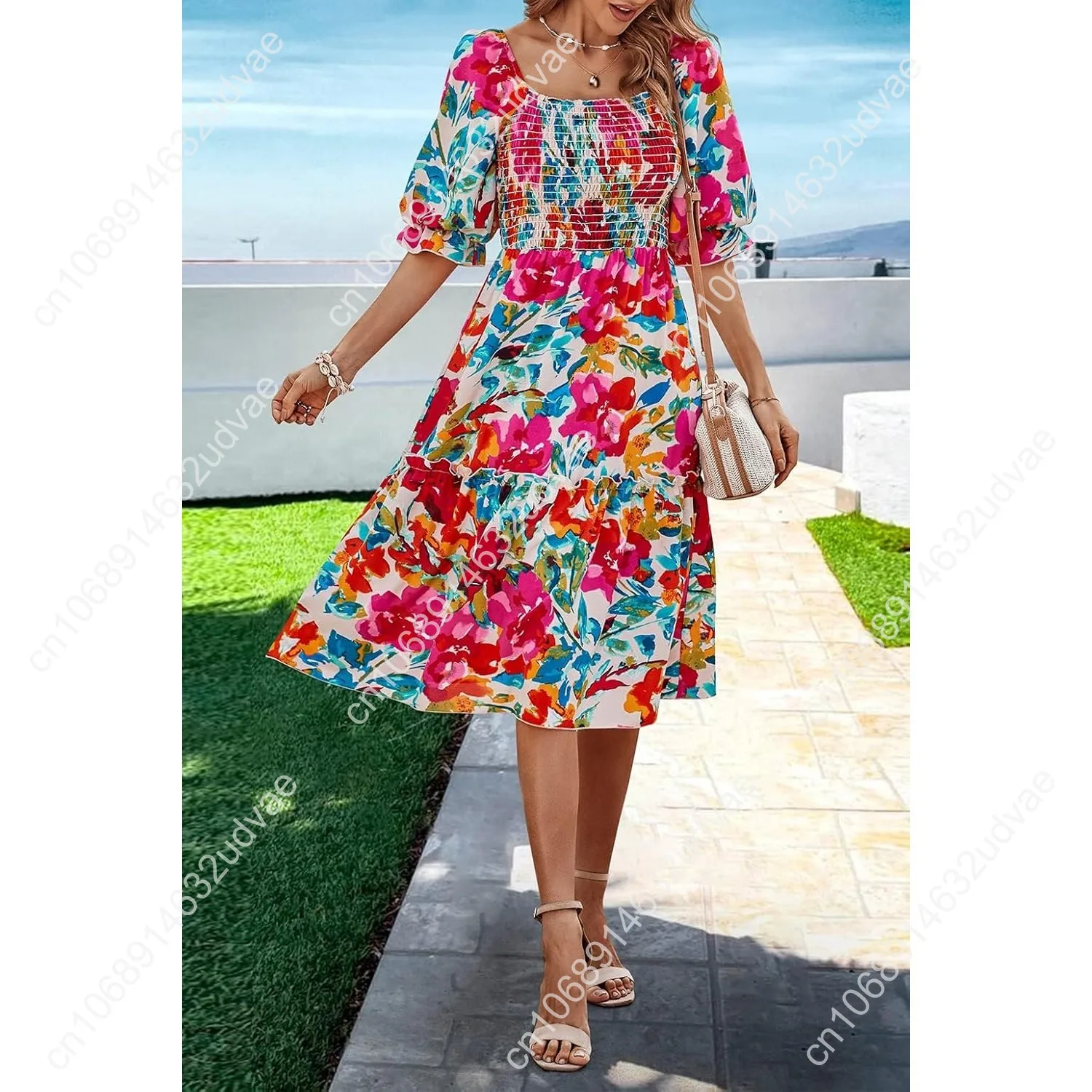 2025 Summer Casual Dresses Women's Spring Puff Sleeve Square Neck A-line Flowy Boho Floral Smocked Midi Dress