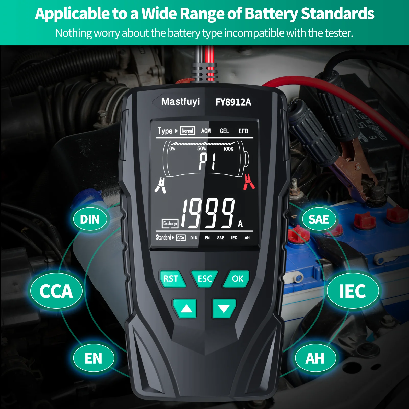 MASTFUYI FY8912A Auto-accutester 12V 24V Auto Motor Vrachtwagen Batterijbewaking, batterijbelasting, batterijcapaciteitstester