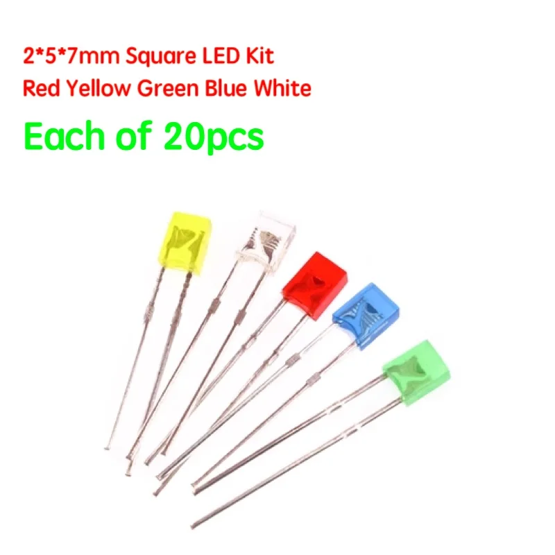 

100PCS/LOT 2*5*7mm Square LED Kit Red Yellow Green Blue White 5 Colors Light-Emitting Diode Kit 2X5X7 LED Diode each color 20pcs