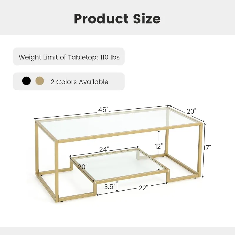 Tempered Glass Coffee Table, 45 Inch Gold Rectangular Modern Center Table with Lower Storage Shelf, Sturdy Metal Frame