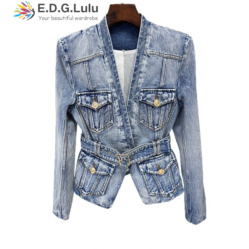 EDGLuLu 2025 가을 패션 V넥 다중 포켓 데님 재킷 여성 레저 스트리트 긴 소매 슬림 데님 재킷+벨트0907