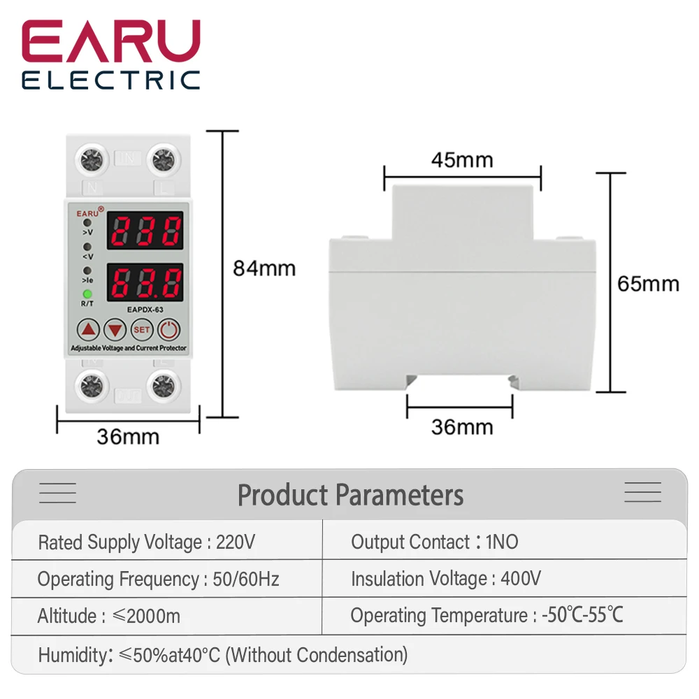 40A 63A 230V Din Rail Adjustable Over Voltage And Under Voltage Protective Device Protector Relay Over Current Protection Limit