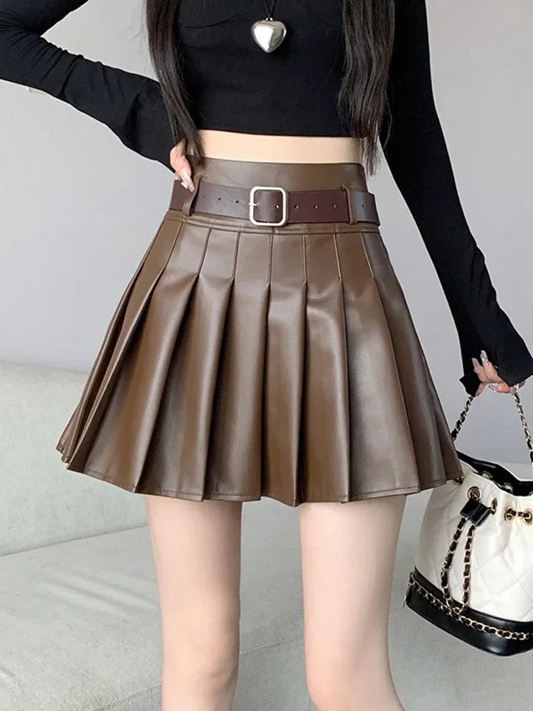 Brown Black Winter Mini Leather Skirt Women Fashion Streetwear High Waist Skater Pleated Skirts With Shorts