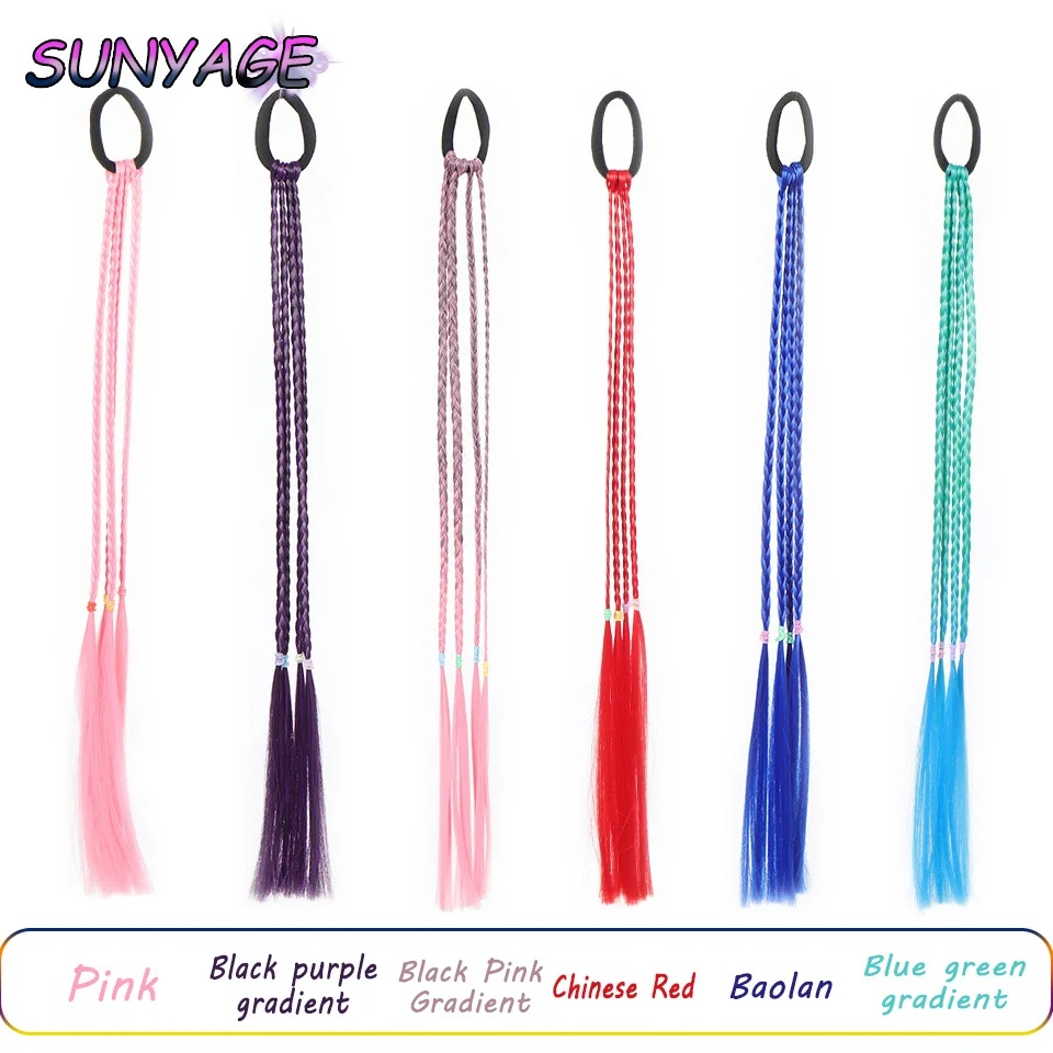 SUNYAGE Synthetic Colorful Braids Hair Extensions With Rubber Bands Rainbow Braided Ponytail Hairpieces Hair Accessories For