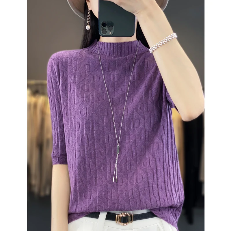 2023 spring, summer and autumn new women\'s pullover cashmere fashion letter five-quarter sleeve casual half-high collar fashion