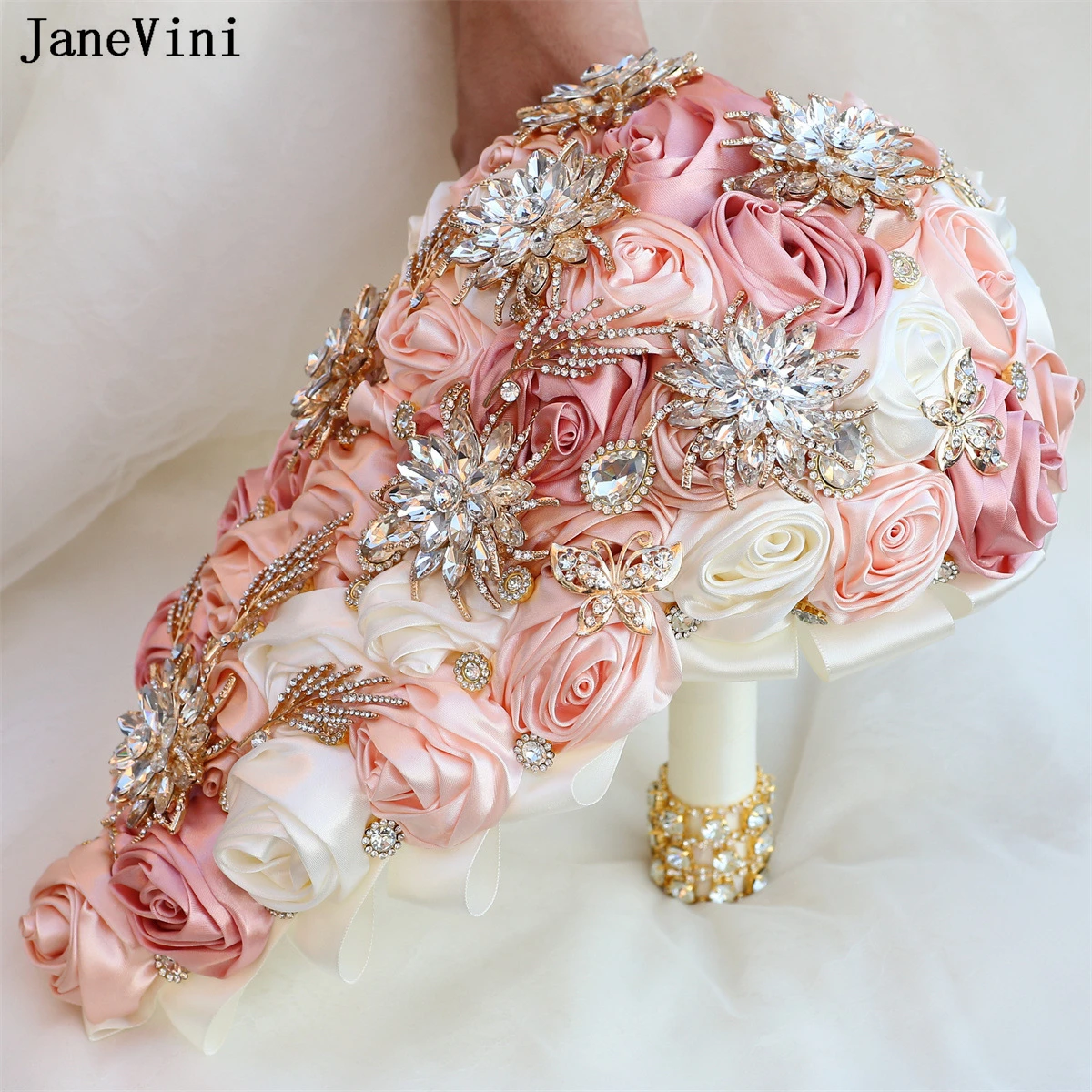 JaneVini Blush Pink Cascading Flowers Waterfall Bridal Bouquets with Gold Jewelry Artificial Satin Roses Diamond Wedding Bouquet