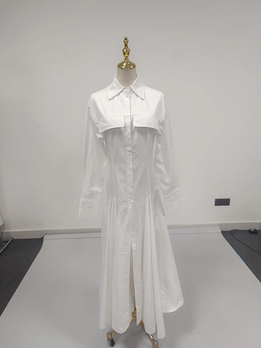 VGH French Style Vintage Solid Shirts Dresses For Women Lapel Long Sleeve High Waist Slimming Elegant Dress Female Fashion New