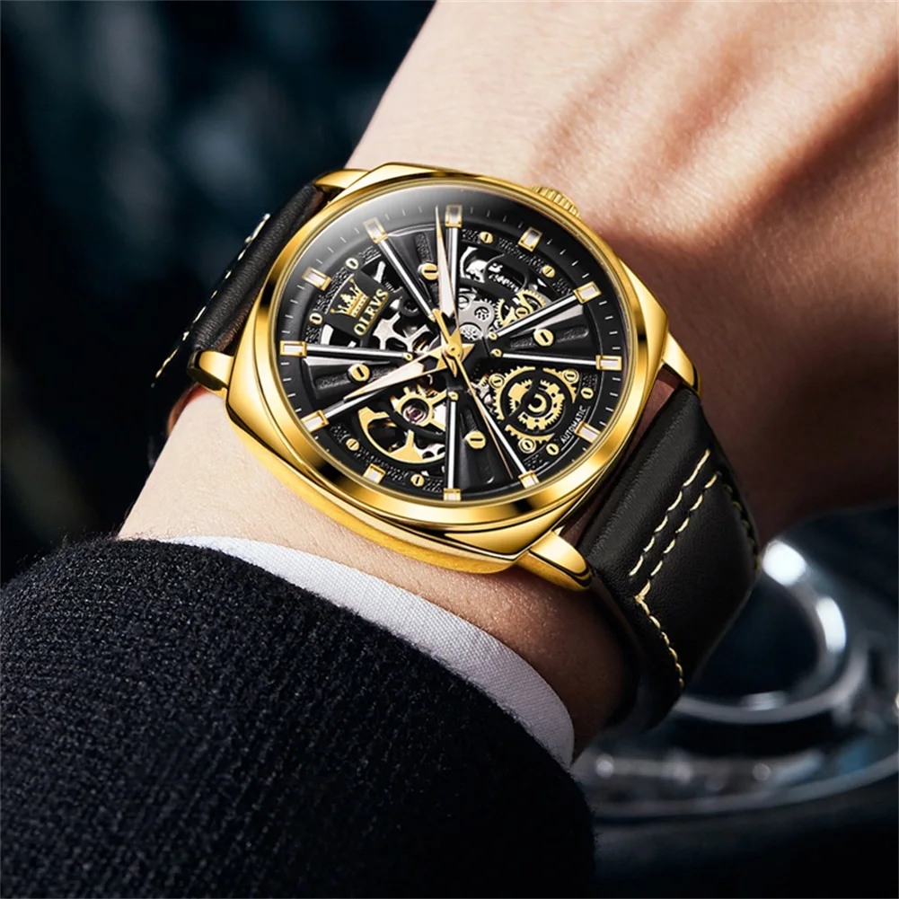 OLEVS New Gold Luxury Casual Design Leather Automatic Mens Watches Brand Luxury Mechanical Skeleton Watch Relogio Masculino