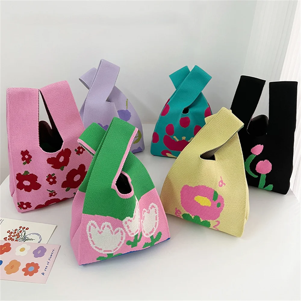 

Korean Fashion Handmade Knitted Handbags Women Mini Knot Wrist Bag Japanese Floral Knit Tote Bag Girls Reusable Shopping Bags