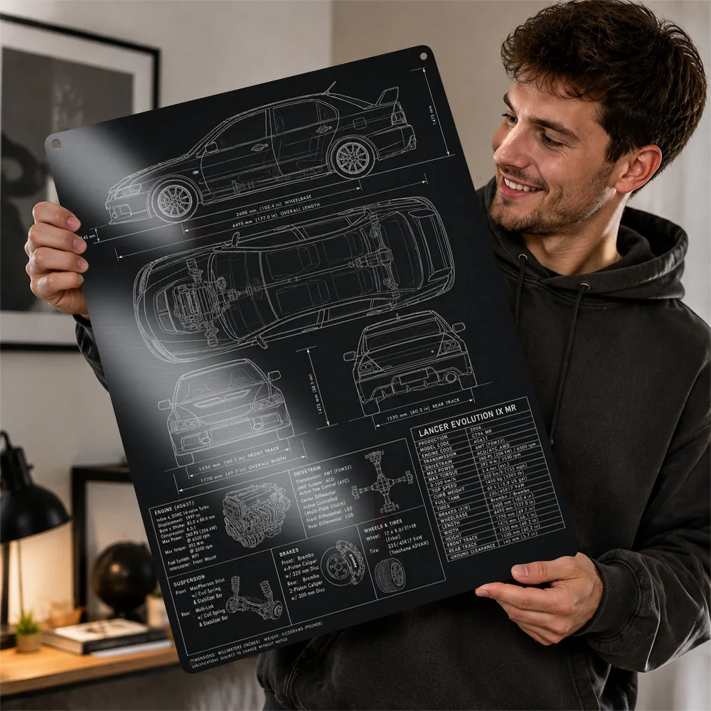 Japan Lancer Evolution IX MR Technical Blueprint Textured Poster Customized Metal Tin Sign Workshop Style Wall Art In Any Home