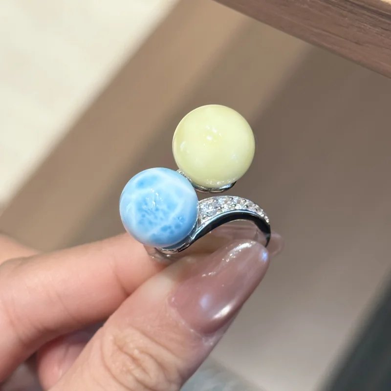 Cameo Natural Larimar Amber Ring Two tone Round Ball s925 Silver Opening Fresh and Cute Jewelry Ring Gift for Wome