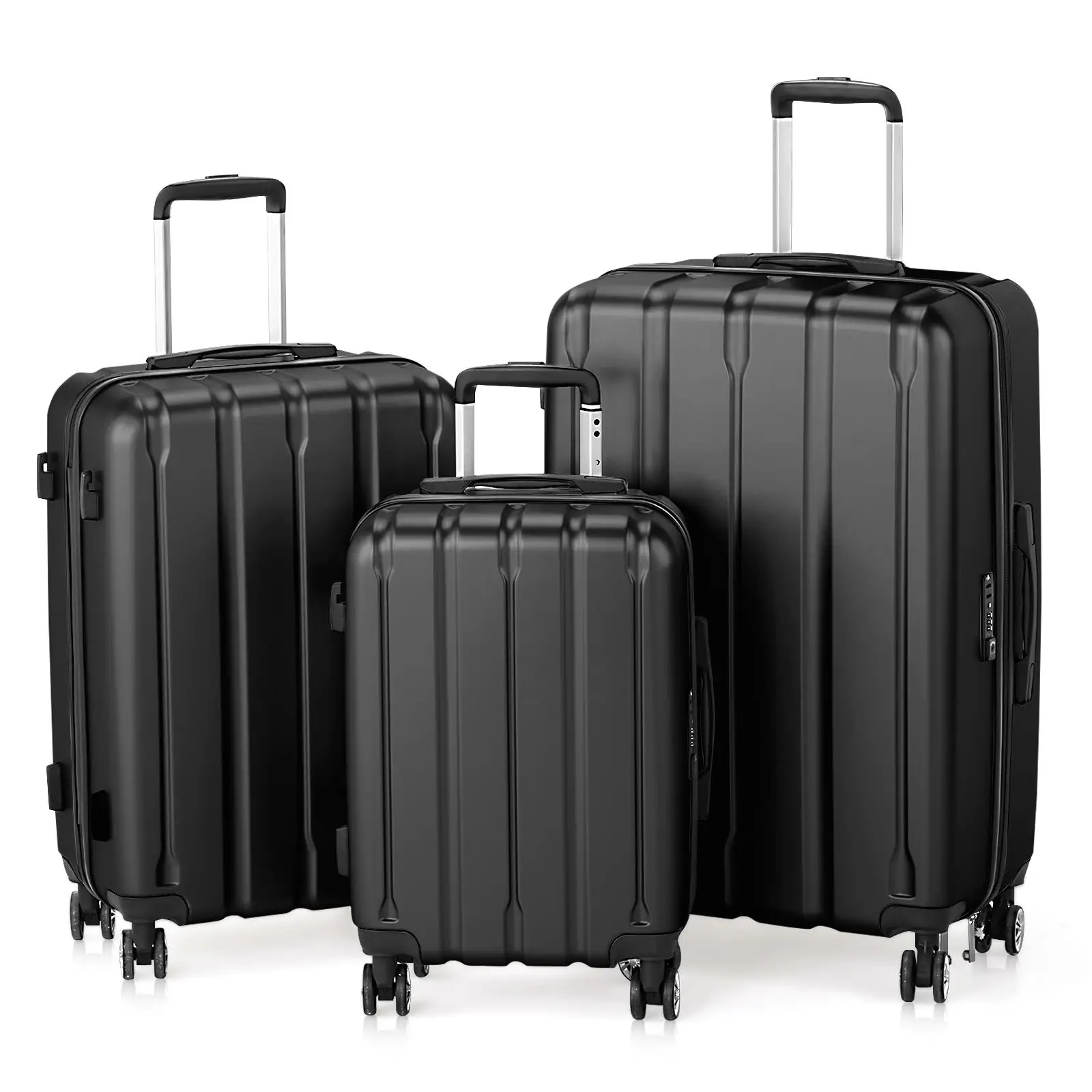 3-in-1 Vertical Stripe Trolley Luggage Set - ABS & PC, 20in/24in/28in, Classic Black Travel Cases