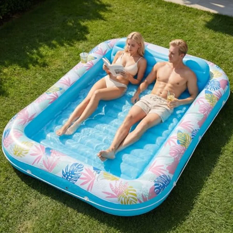 

Tanning Pool Lounger Float, 87" x 63" Pool Floats Adult with Headrest and Drink Holder, Blow-Up Bed Sun Tan Tub for Sunbathing,