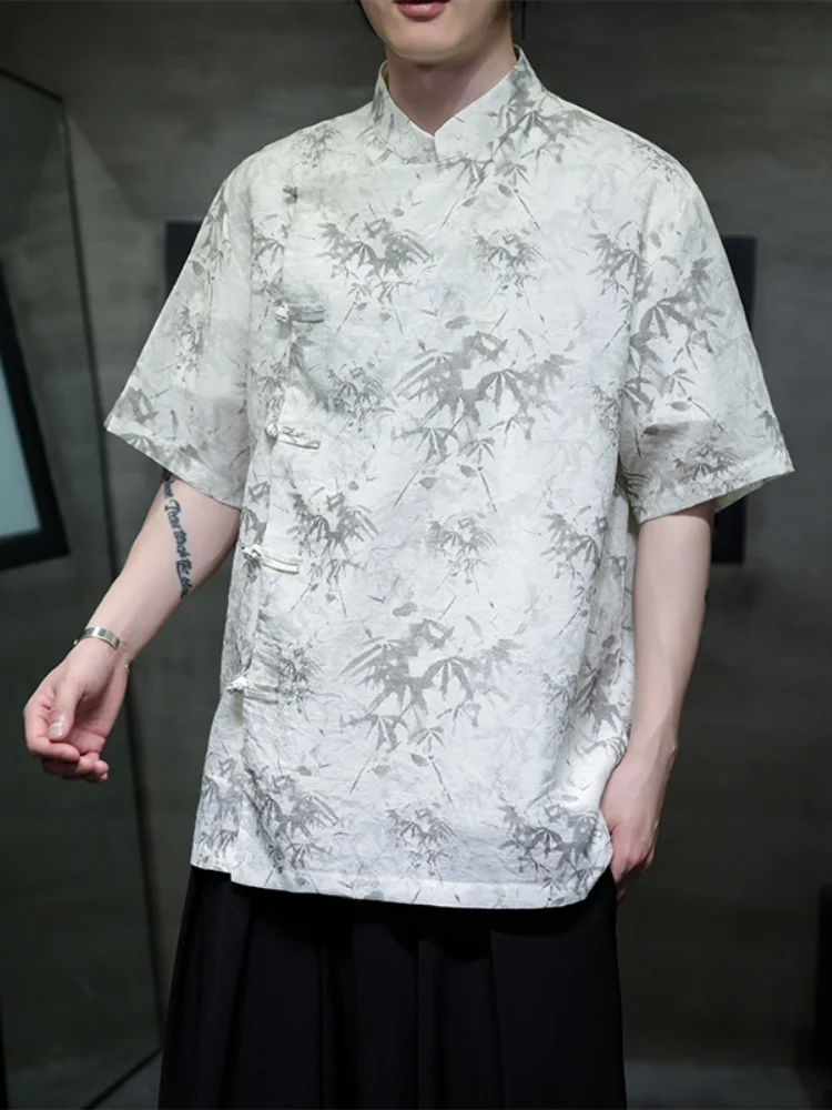 

Льняная рубашка из смесового хлопка и льна с коротким рукавом для мужчин, летняя, дышащая, из ледяного шелка, в стиле Тан, ретро, на пуговицах, в китайском стиле