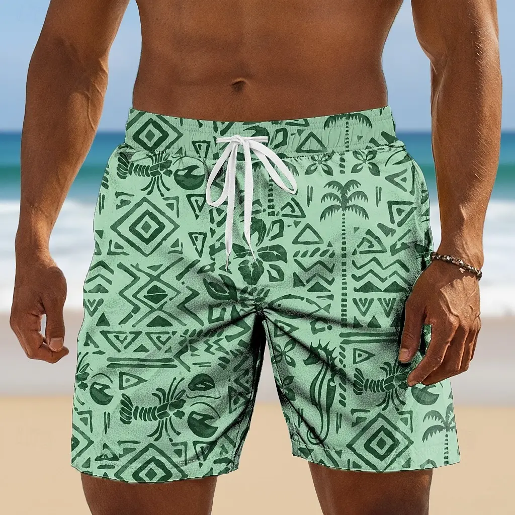 Men's Green Tribal Ocean Print Drawstring Shorts, Casual Loose Fit For Spring Summer Daily & Beach Vacation Activities