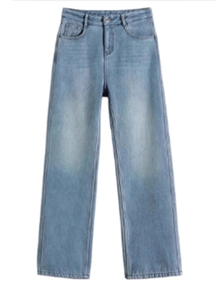 Jean en Denim à jambes larges pour femme, Slim, taille haute, bleu clair, pantalon Tube droit, décontracté, automne hiver