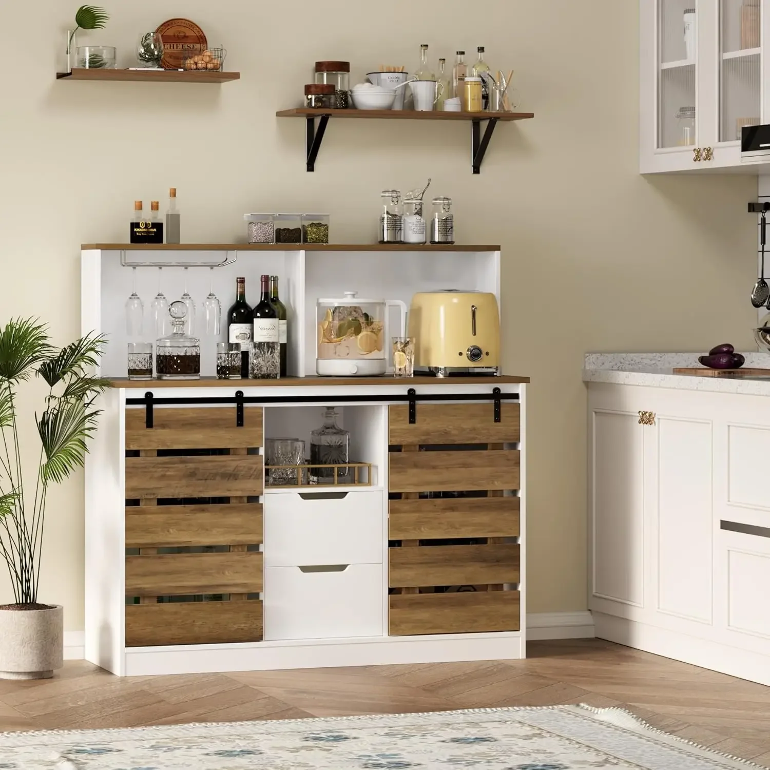 HOSTACK Farmhouse Coffee Bar Schrank, 47" Sideboard Buffetschrank mit Stauraum, Scheunentüren Weinbar Schrank, Küchenbuffet