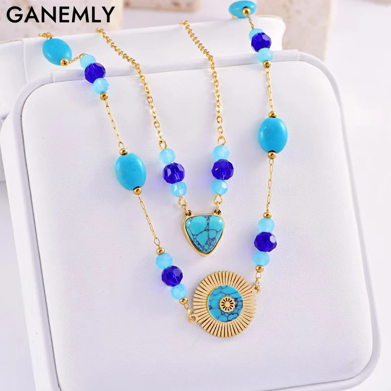 

GANEMLY 316L Stainless Steel Vintage Artificial Turquoise Pendant Necklace For Women New Neck Chain Waterproof Jewelry Gift