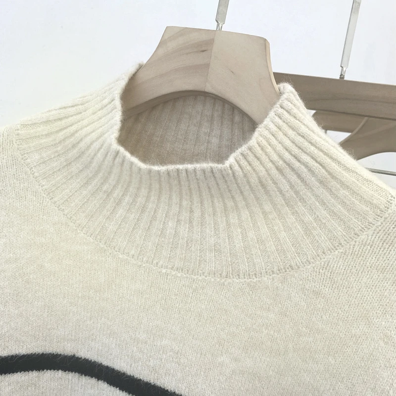 Women\'s Casual Oversized Striped Pattern Mock Neck Drop Shoulder Loose Simple Sweater for Autumn/Winter