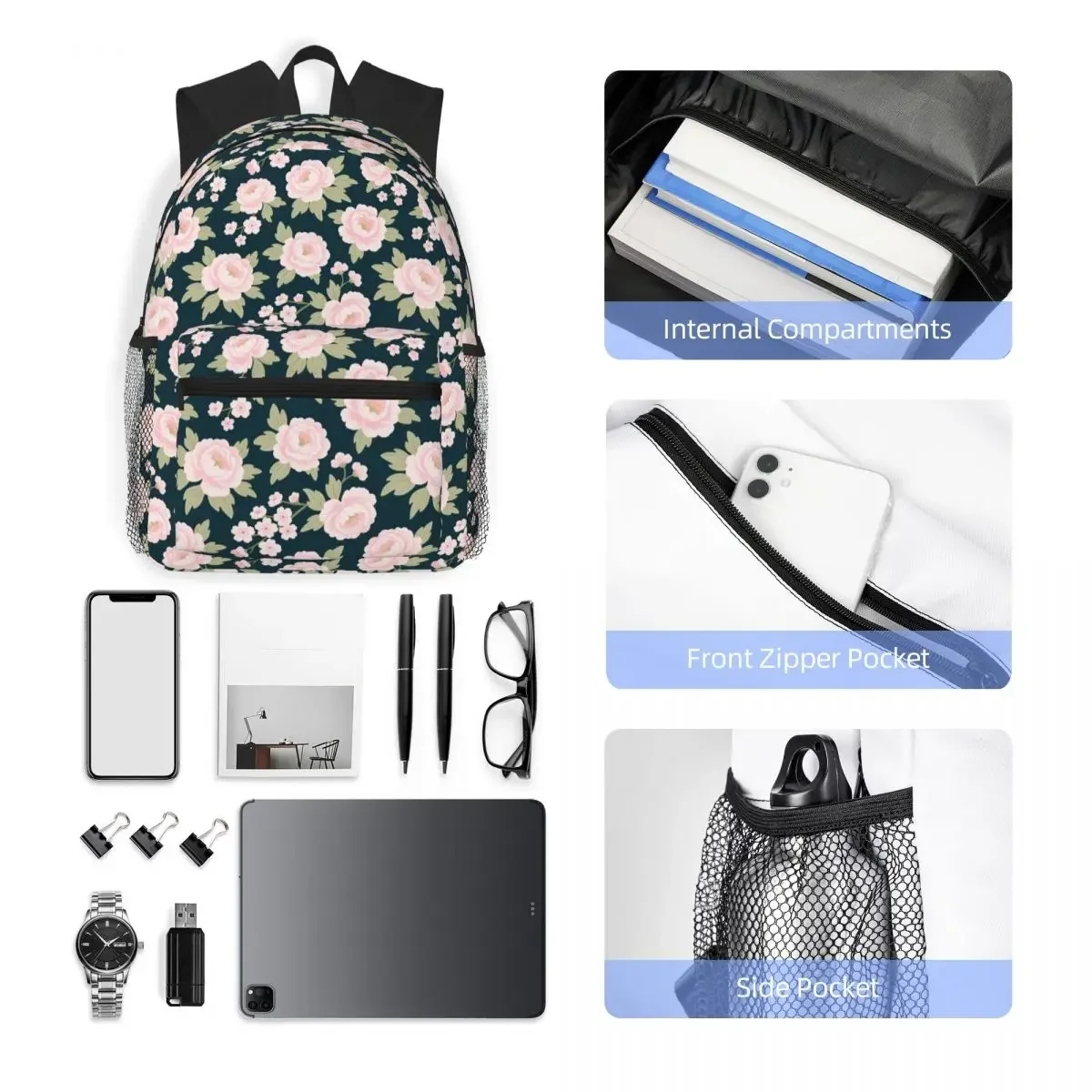 نمط سلس مع أزهار الفاوانيا والكرز على ظهره Daypack الأطفال BookBag حقيبة مدرسية حقائب الكتف للرجال والنساء