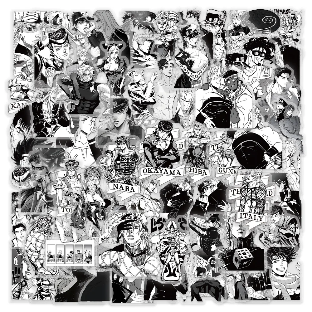 60 Stück Schwarz und Weiß ‌ JoJo's Bizarre Adventure ‌   Transparente Graffiti-Aufkleber, angesagte Anime-Cartoon-Aufkleber für Gepäck, Telefon, Kinderspielzeug